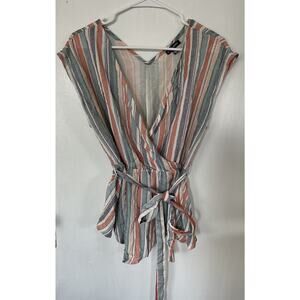 Style Envy women’s Flowy Stripped VNeck Top Blouse Belted Waist Size M